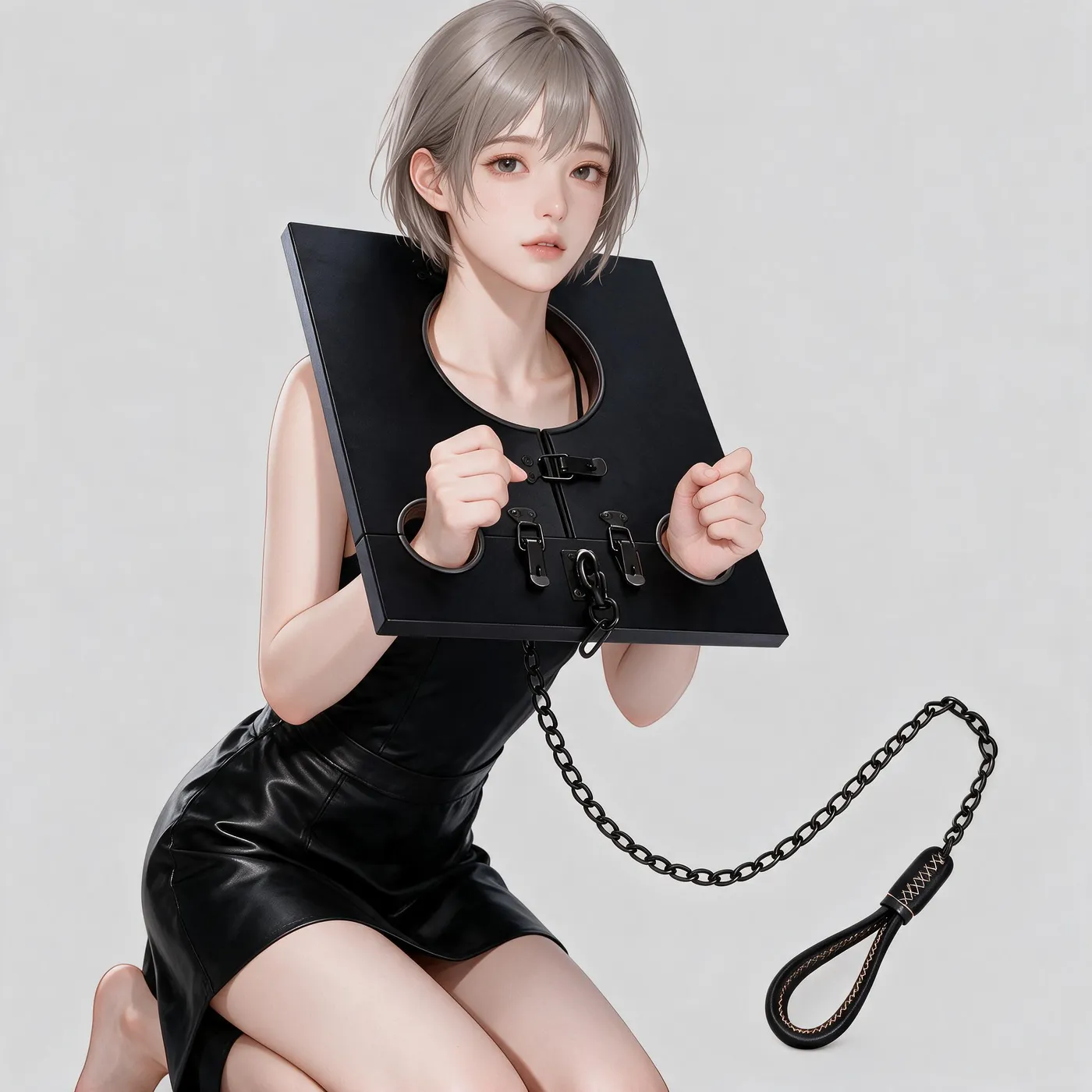Neck & Wrist Pillory Restraint Board with Chain Leash