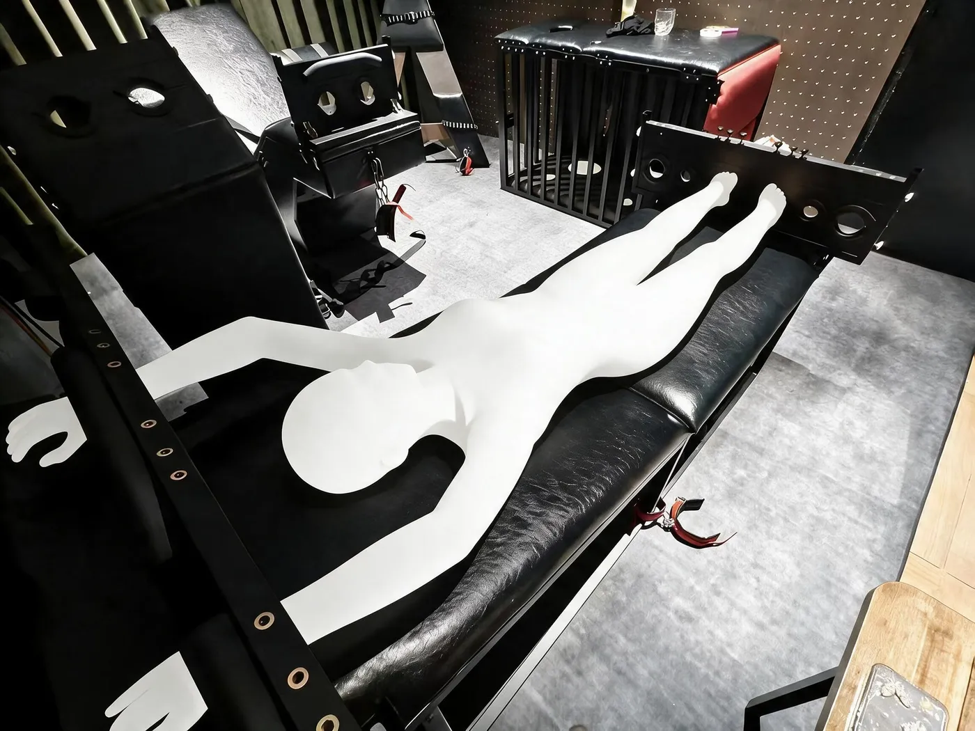 Bondage Bed with Padded Platform and Perforated Stock Panel