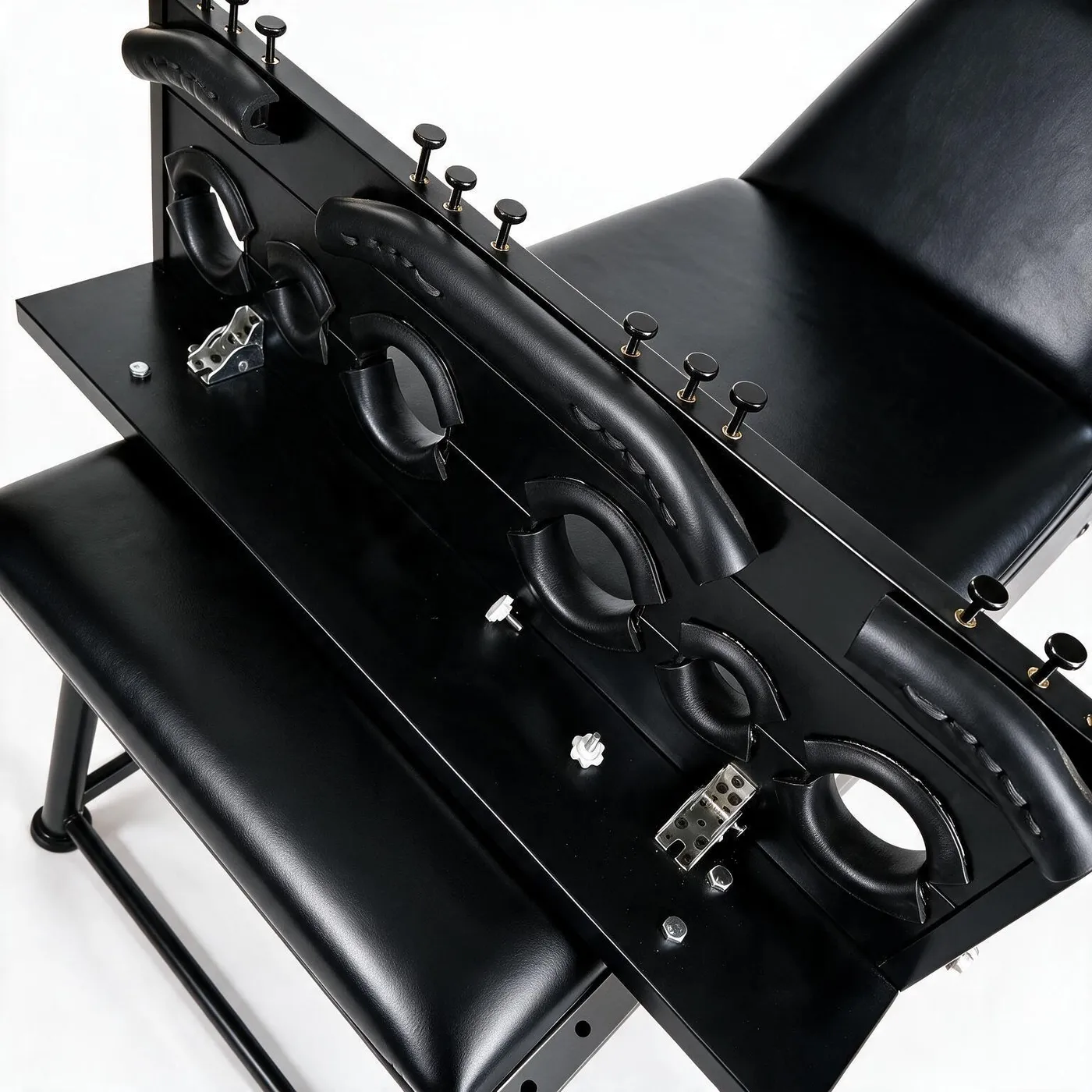 Bondage Bed with Padded Platform and Perforated Stock Panel